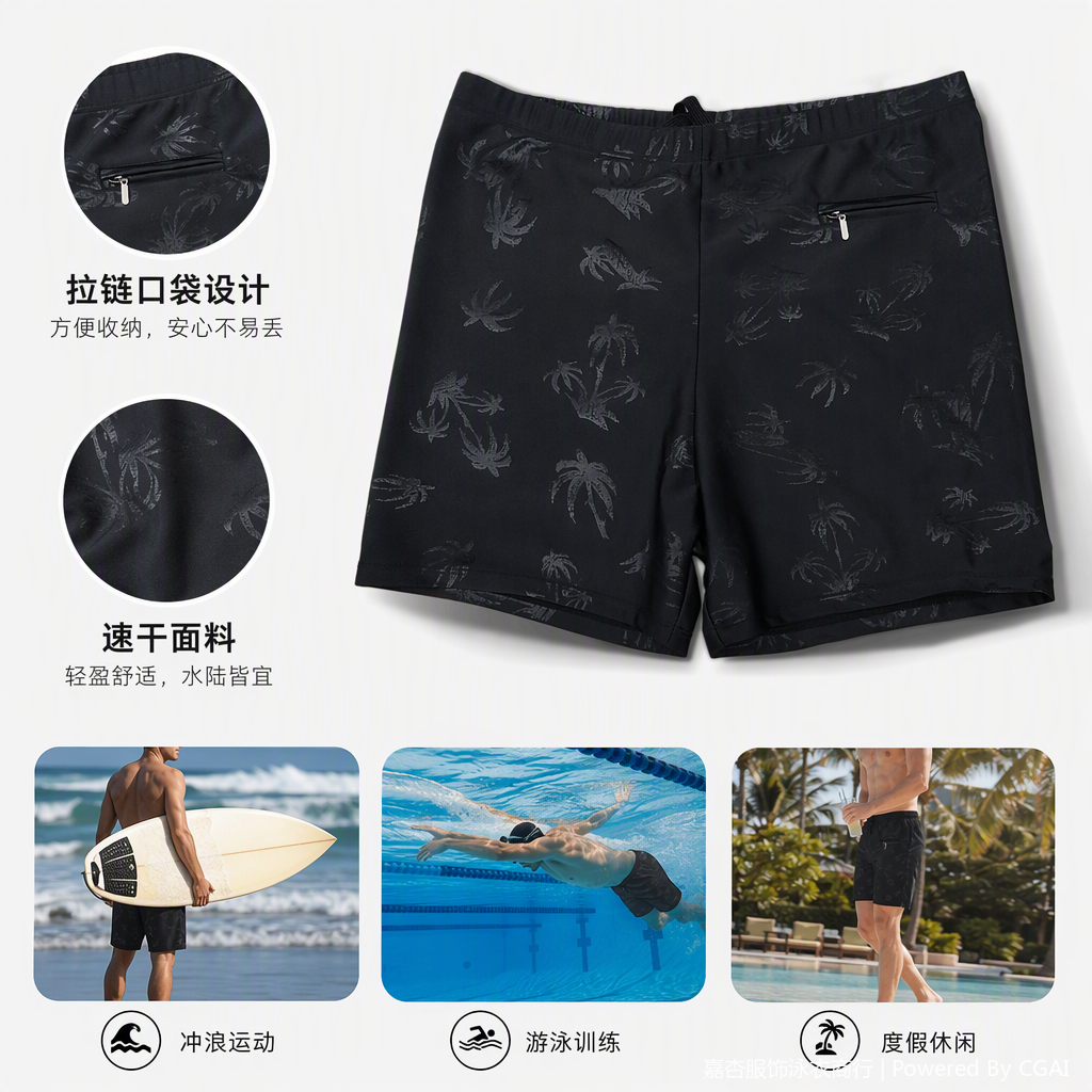 时尚印花男士泳裤黑色棕榈树图案休闲沙滩泳衣速干透气运动泳装