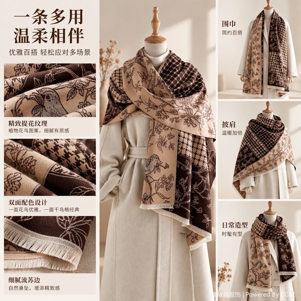 Beige marrón patchwork flores mil pájaros cuadros patrones moda pañuelos modelos personas mostrador versátil otoño invierno