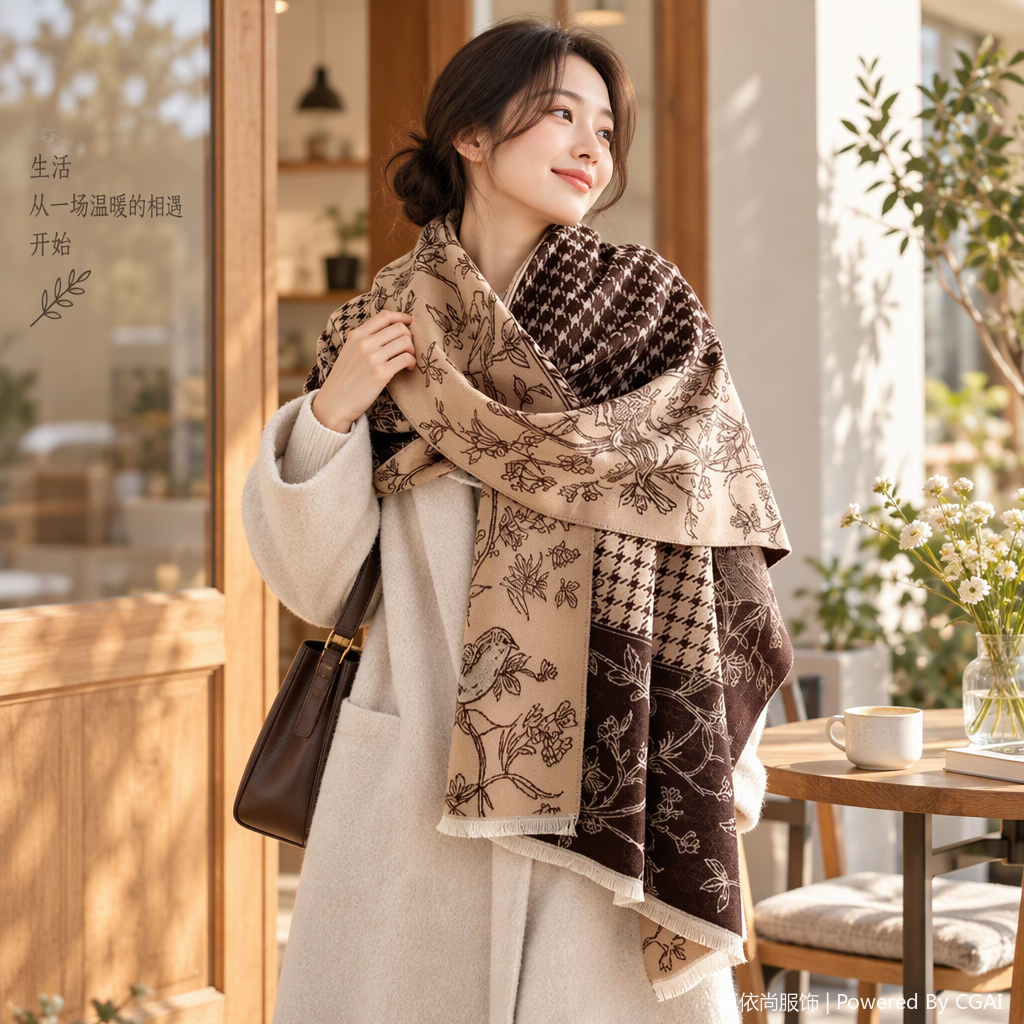 Beige marrón patchwork flores mil pájaros cuadros patrones moda pañuelos modelos personas mostrador versátil otoño invierno details Picture