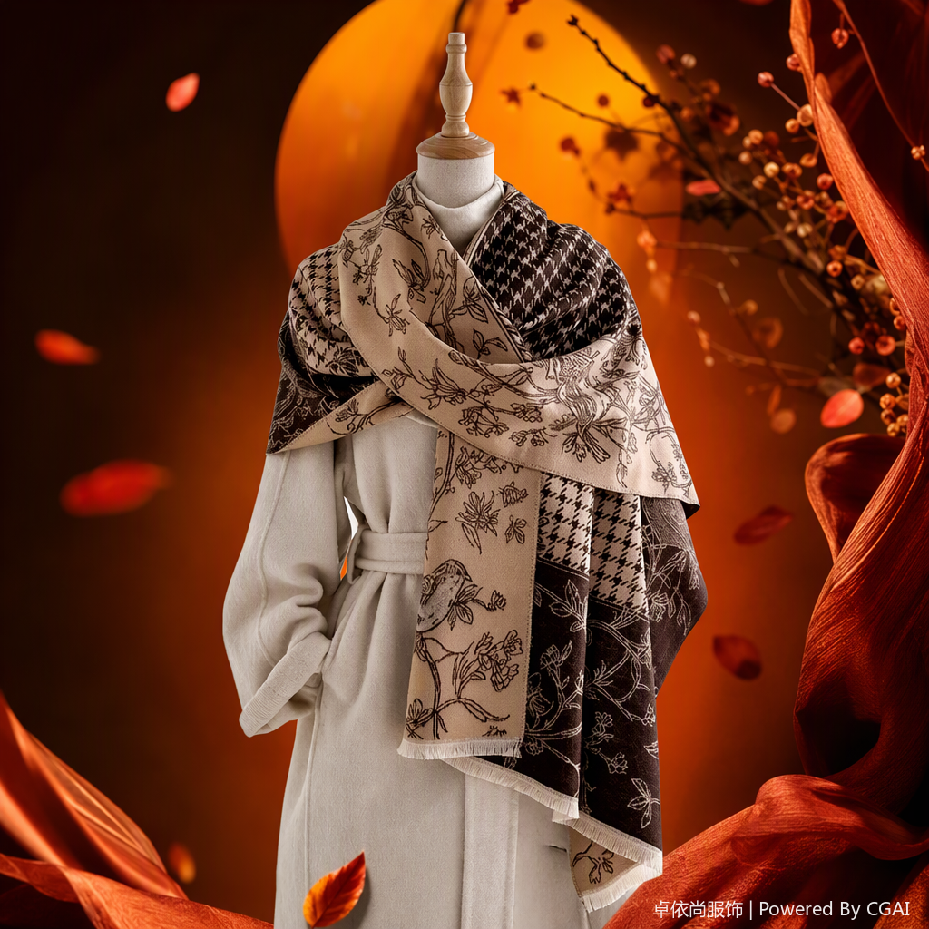 Beige marrón patchwork flores mil pájaros cuadros patrones moda pañuelos modelos personas mostrador versátil otoño invierno Specification image