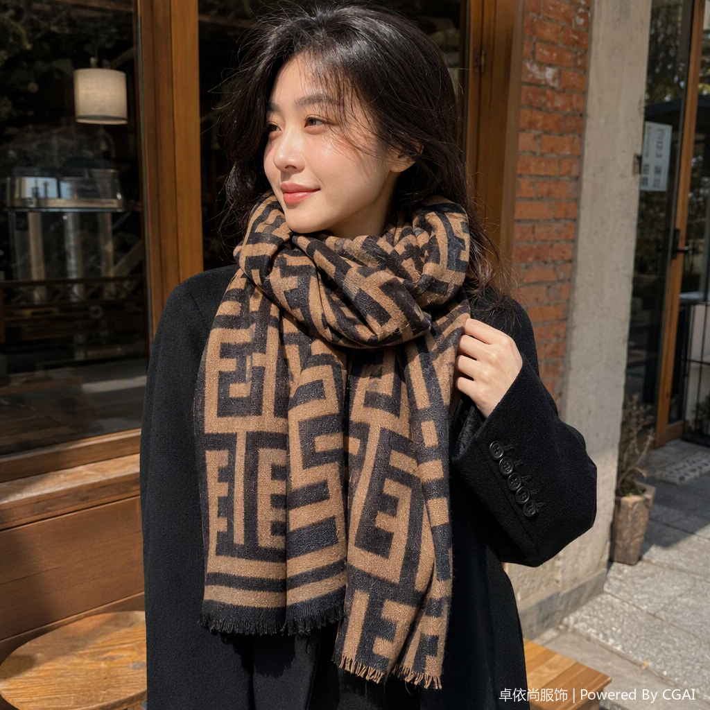 Fashionable black and brown color letter pattern scarf, warm and versatile, new autumn and winter trendy shawl for women details Picture