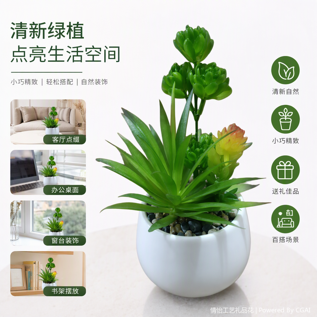 The succulent plant combination white ceramic flowerpot is lush and green, an indoor green plant decoration potted plant care product