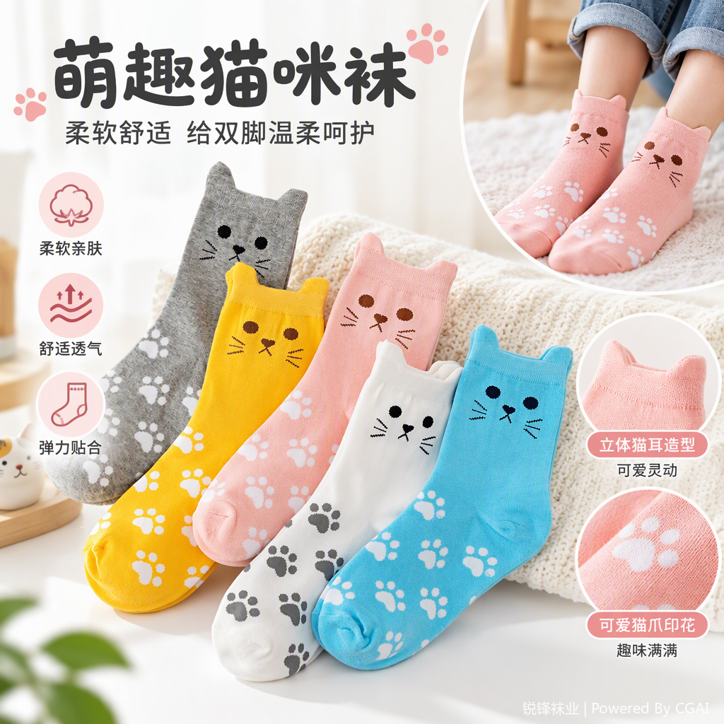 Cute cat ear design, five pairs of casual short socks, fashionable, versatile, comfortable and breathable, student sports socks, children's socks, cotton socks for children