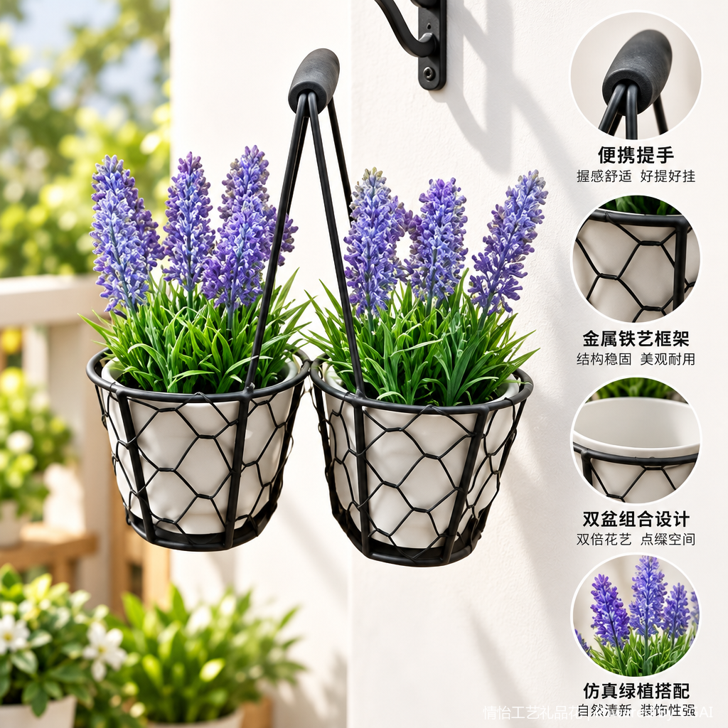 Púrpura lavanda emulación flor díptico metal malla cesta maceta decoración sala de estar balcón interior verde colocación
