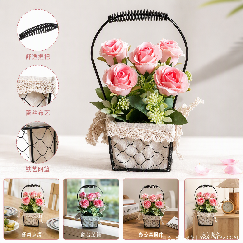 Rosa bouquet de rosas hierro forjado cesta decorativa romántico hogar cálido sala de estar mesa decoraciones regalo