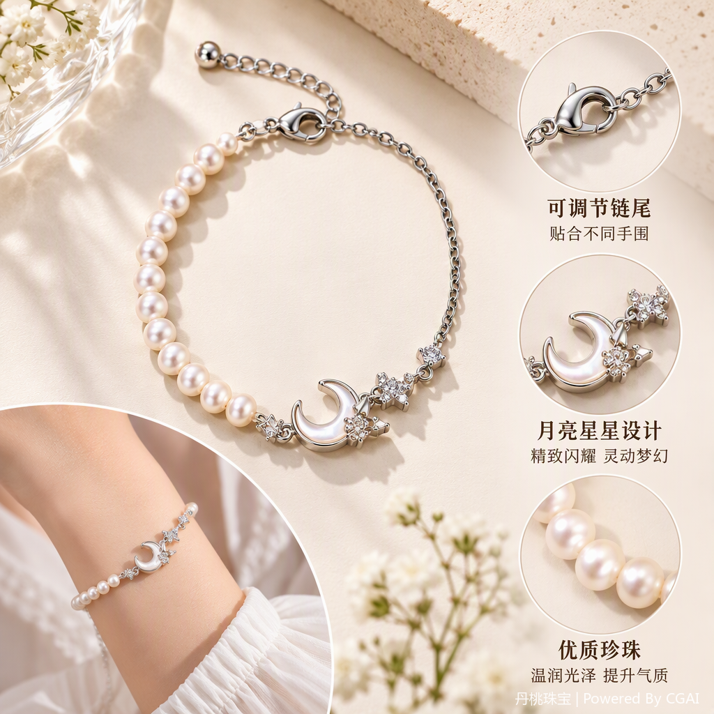Fashionable bracelet with beaded moon and star pendants, simple and versatile girls' jewelry, trendy accessories