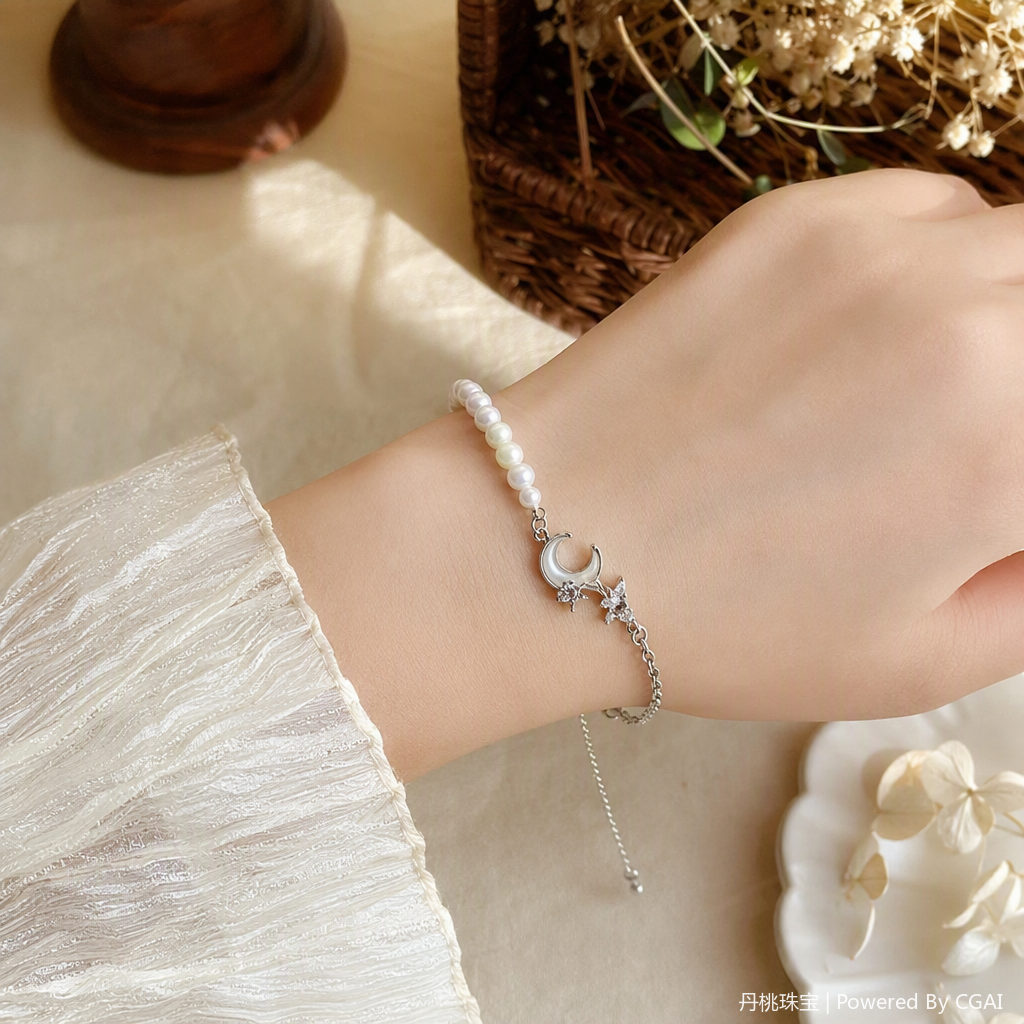Fashionable bracelet with beaded moon and star pendants, simple and versatile girls' jewelry, trendy accessories details Picture