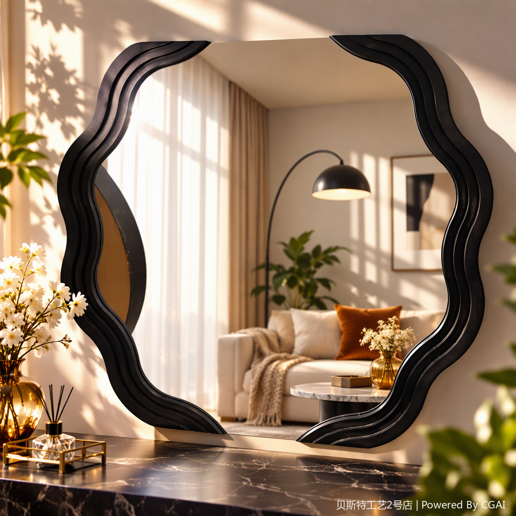 مرآة الإطار الأسود الأسود الموضة هي عبارة عن مرآة جدارية لجدران الحمامات والزخرفة الحديثة Specification image