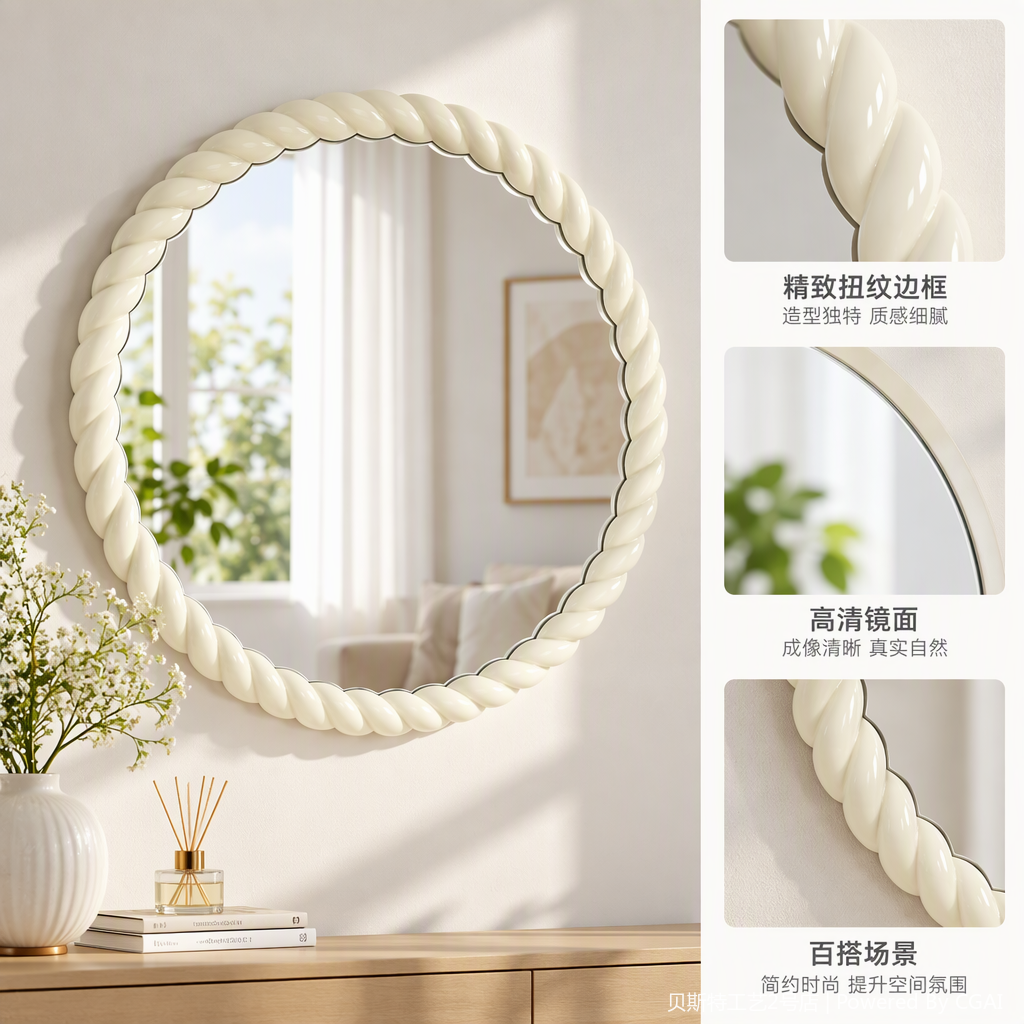 Cuerda blanca moldura bisel espejo redondo espejo decorativo simple y moderno espejo de tocador de baño espejo colgante creativo