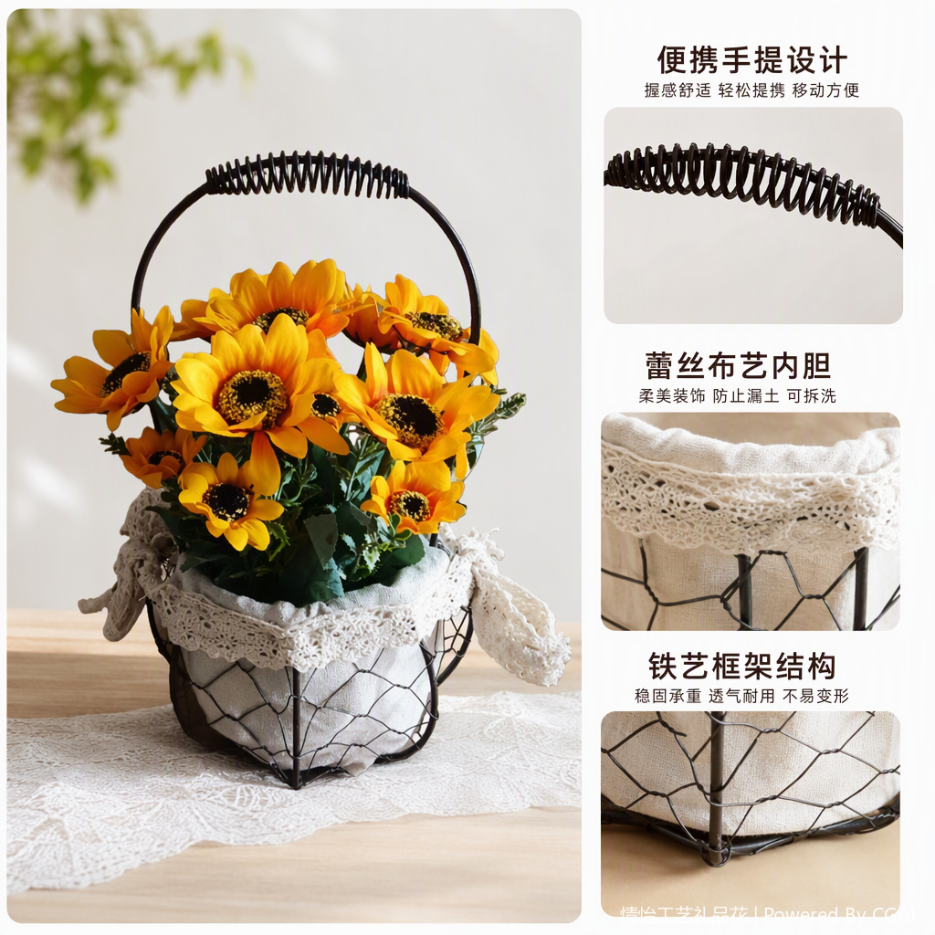Girasoles amarillos hierro forjado cestas decoración del hogar arreglos florales para el balcón artículos florales regalos creativos