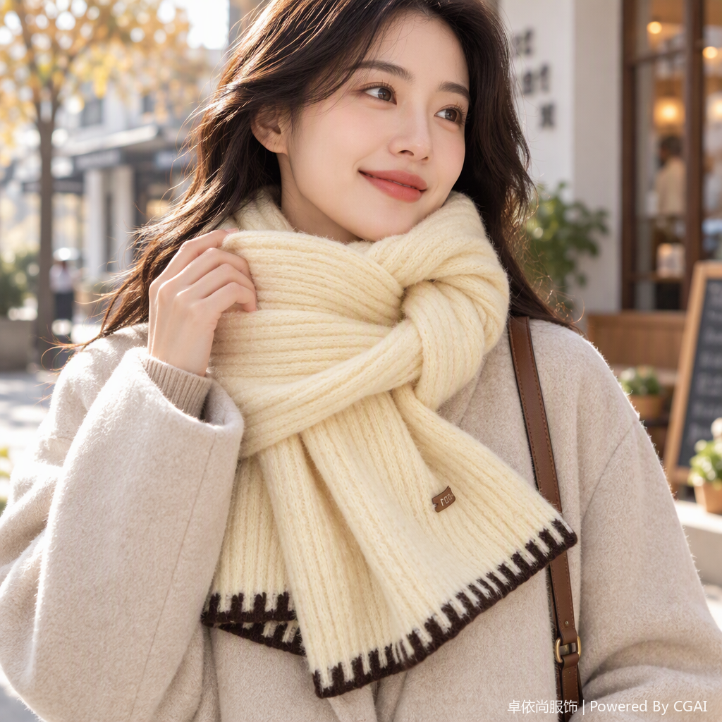 Warm and soft off-white knitted scarf, a versatile and warm long style for ladies, is a classic must-have for winter details Picture