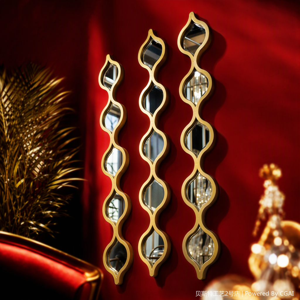Espejo decorativo ondulado dorado con tres grupos de decoraciones verticales de espejo en forma especial estilo moderno y simple colgante para el hogar Specification image