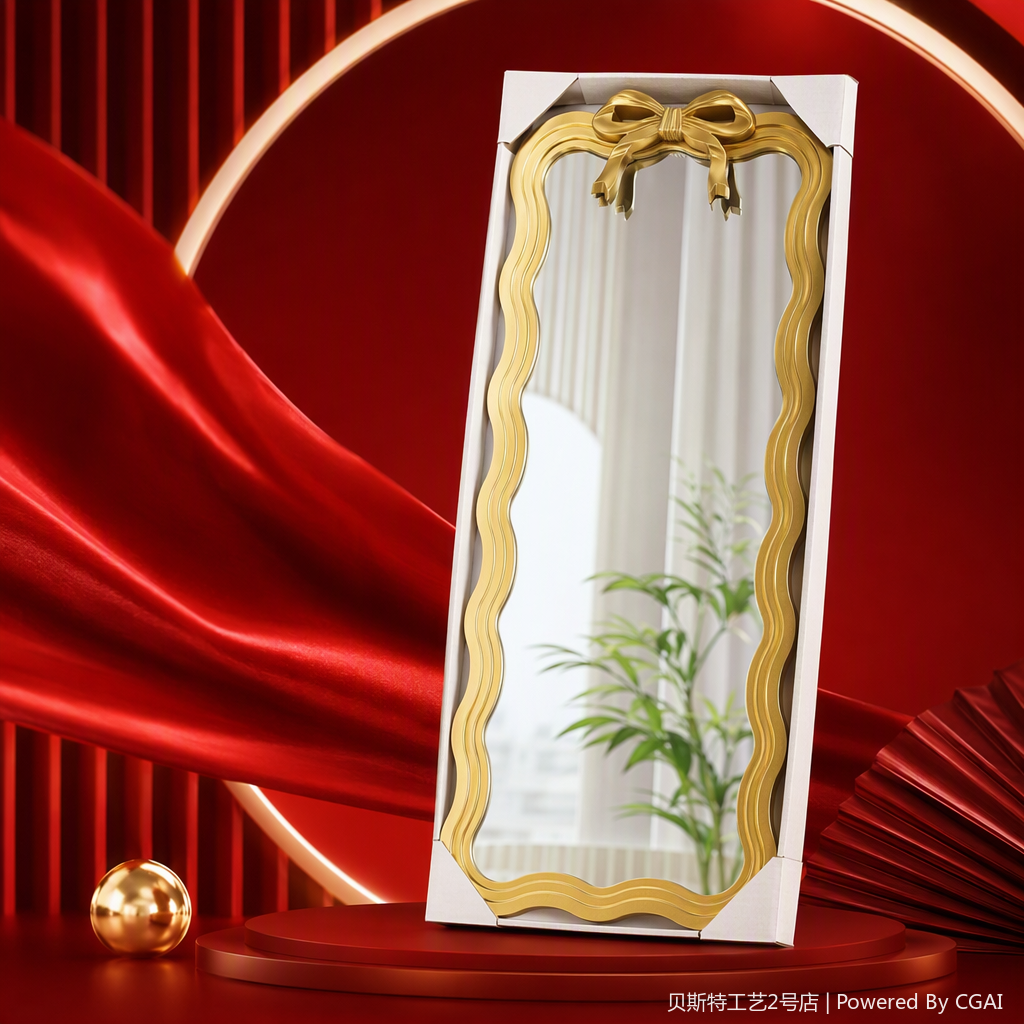 A golden wavy border with a bow decorative mirror, a fashionable and simple home decoration, a bedroom dressing mirror ornament Specification image