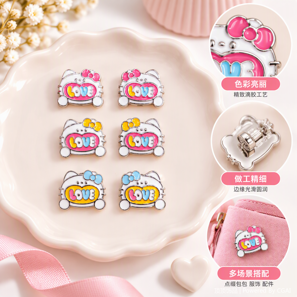 六枚彩色LOVE字样Hello Kitty造型胸针时尚百搭个性饰品礼品收藏