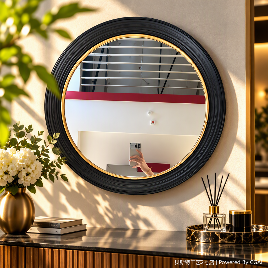 مرآة دائرية ذات إطار دائري من الموضة مع مرآة مزخرفة بالمنازل الحديثة Specification image
