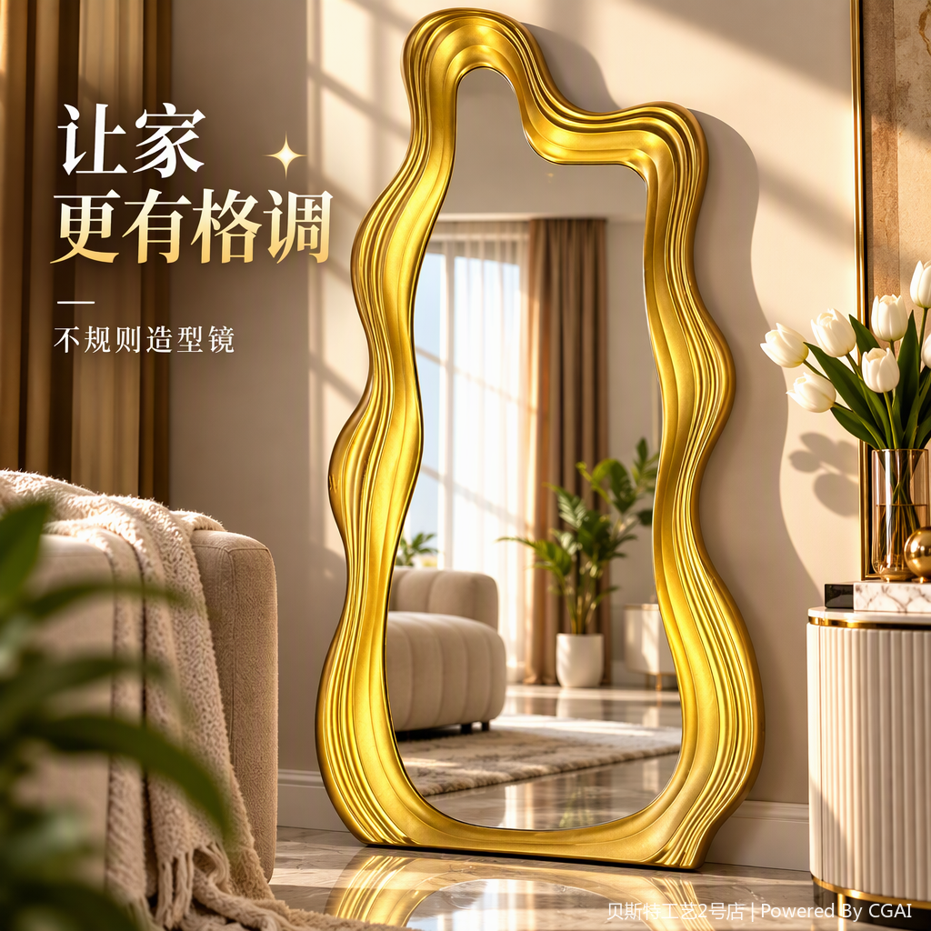 وخط الموجة الذهبي مزخرف بمرآة ذات شكل جميل لغرف النوم العصرية Specification image
