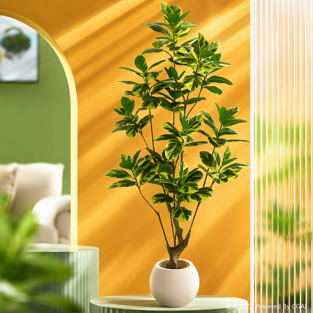 Colorful artificial leaf green and yellow spot potted plants, indoor decorative green plants and greening ornaments, no maintenance required Specification image