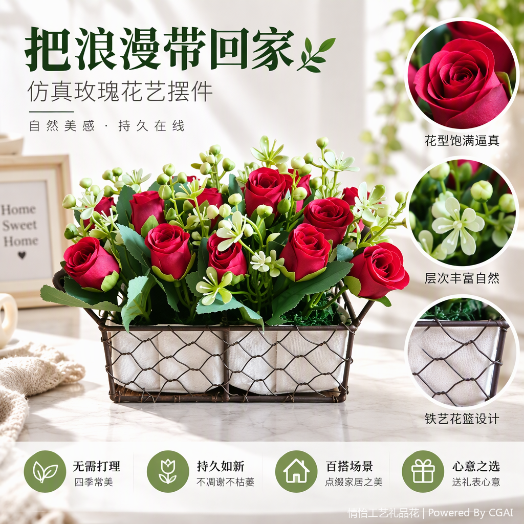 Bouquet de rosas rojas con rejilla de hierro canastas arreglos florales románticos decoración floral regalar rosas hermosas y elegantes simulaciones de flores falsas de plástico