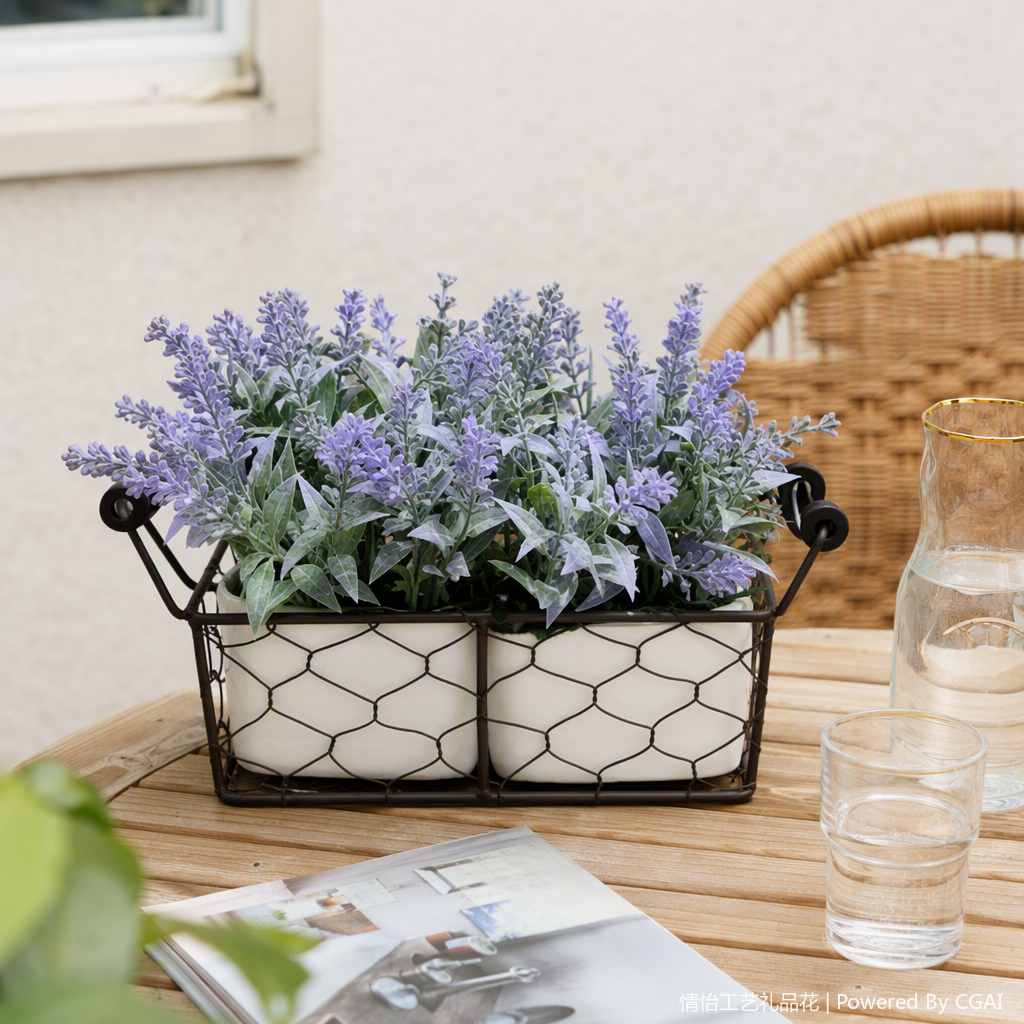 Simulated lavender purple flower pot, double-grid ironwork net basket, succulent plant flowerpot, decorative item, household goods details Picture