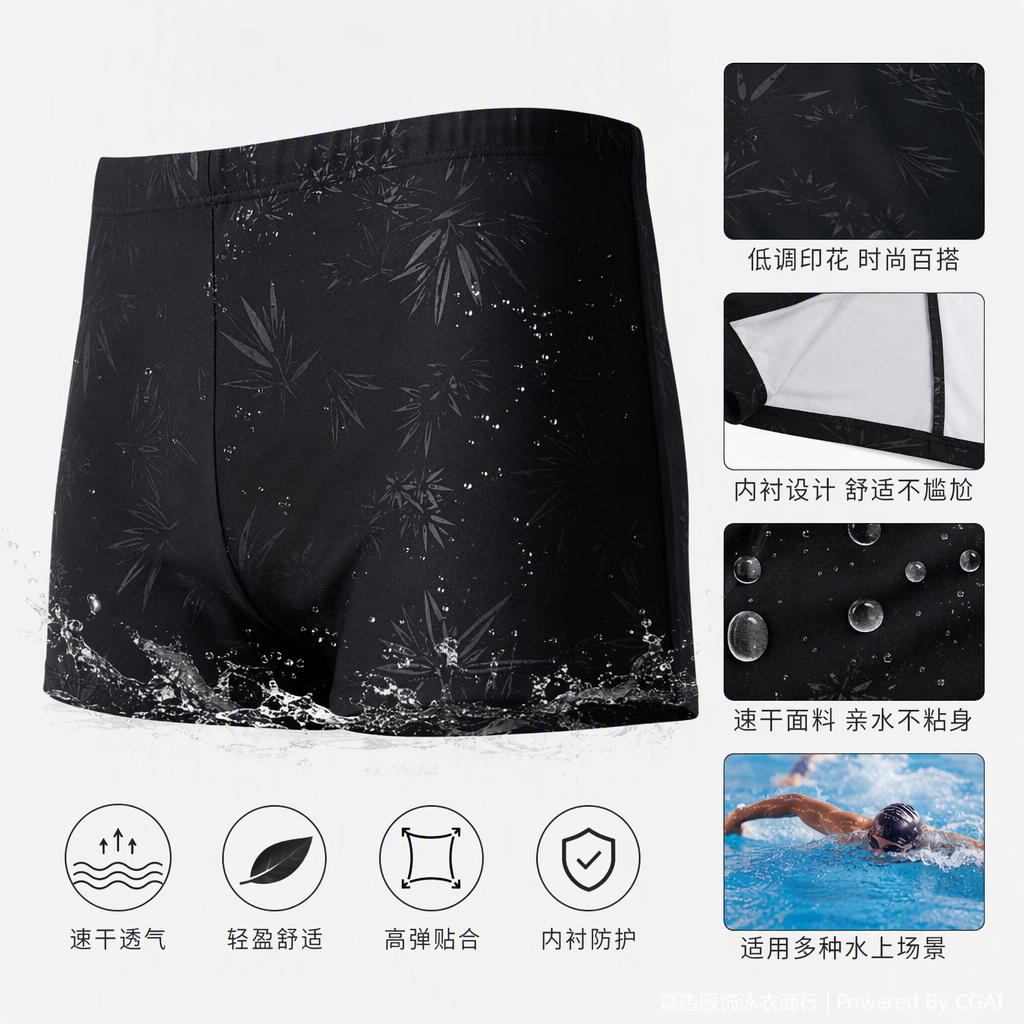 时尚黑色竹叶图案男士泳裤宽松舒适防晒速干沙滩裤休闲泳衣