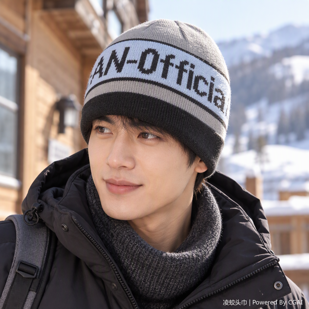 A fashionable grey knitted cap with the AN-Officia logo, a trendy winter hat for casual warmth details Picture