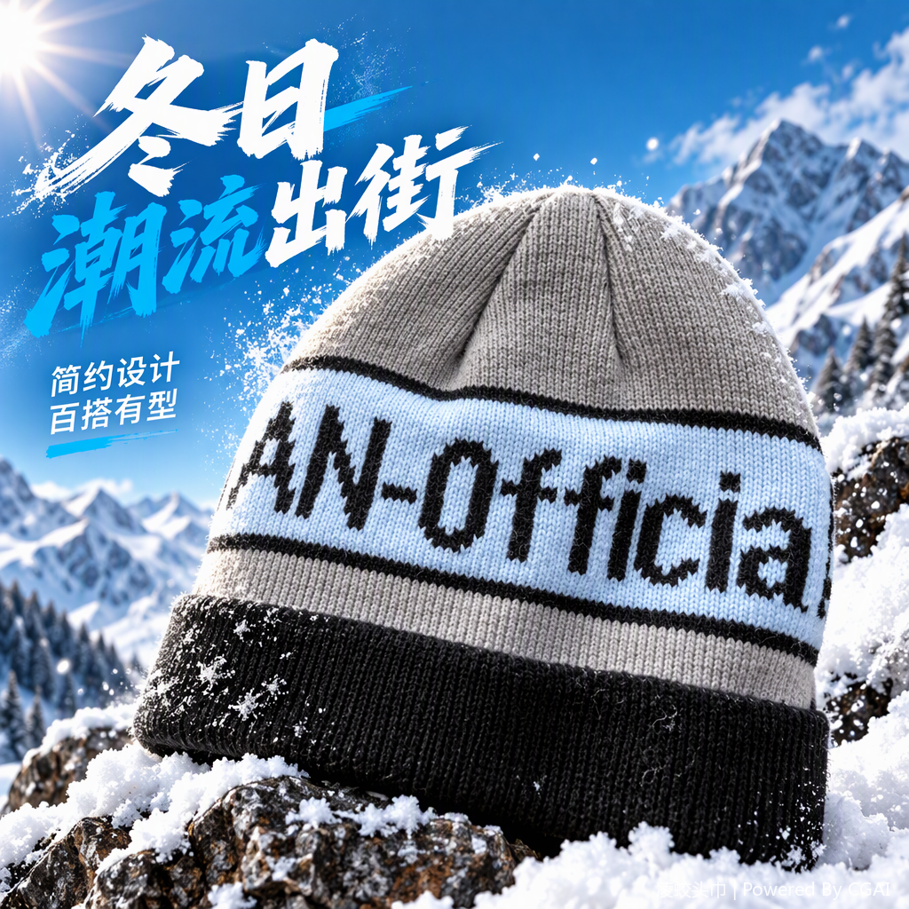 A fashionable grey knitted cap with the AN-Officia logo, a trendy winter hat for casual warmth Specification image