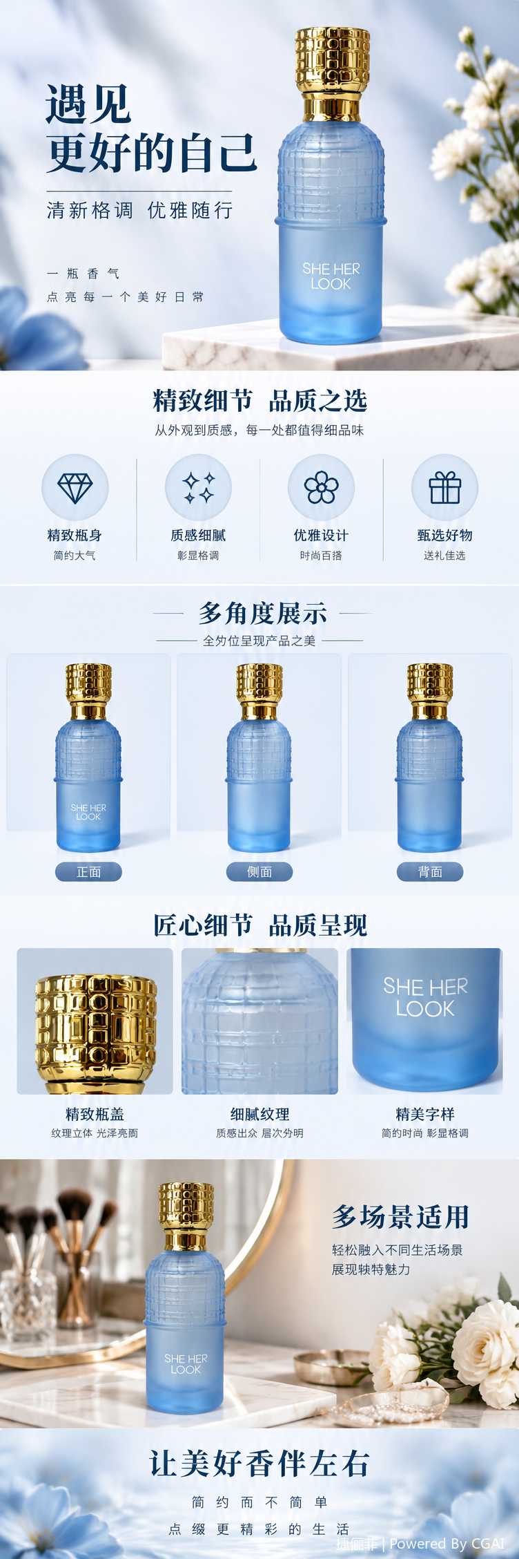 Blue frosted glass perfume bottle, golden grid texture bottle cap, fashionable, elegant and exquisite packaging, gift decoration pic 1