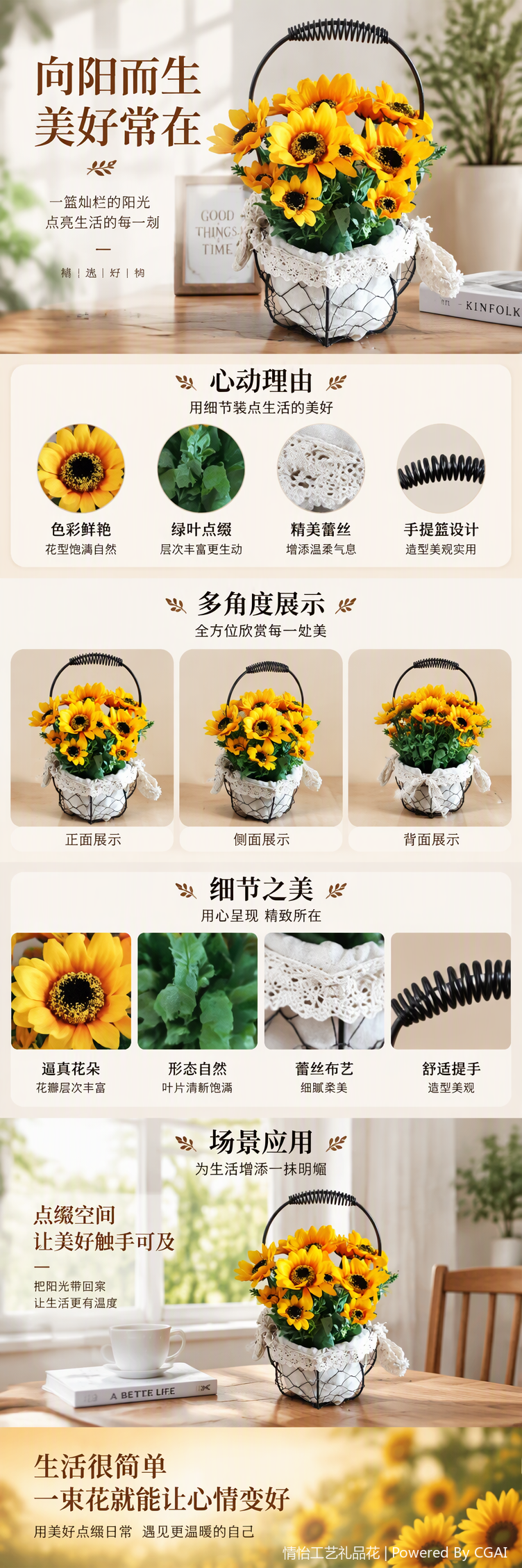 Girasoles amarillos hierro forjado cestas decoración del hogar arreglos florales para el balcón artículos florales regalos creativos pic 1