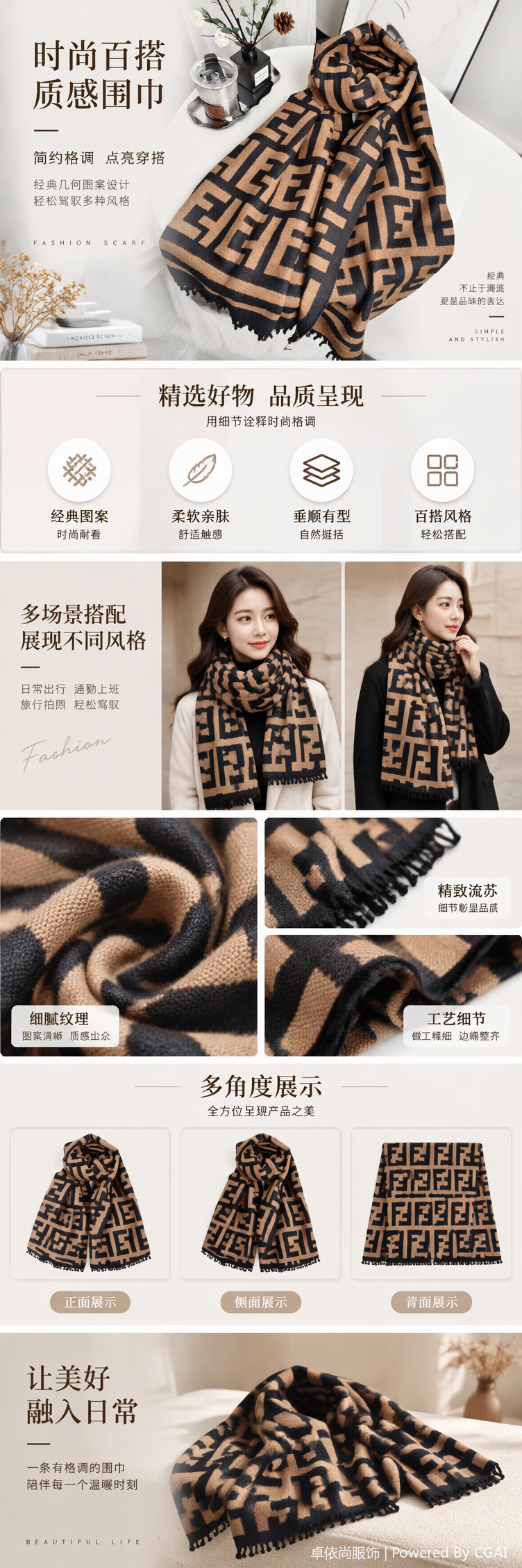 Fashionable black and brown color letter pattern scarf, warm and versatile, new autumn and winter trendy shawl for women pic 1