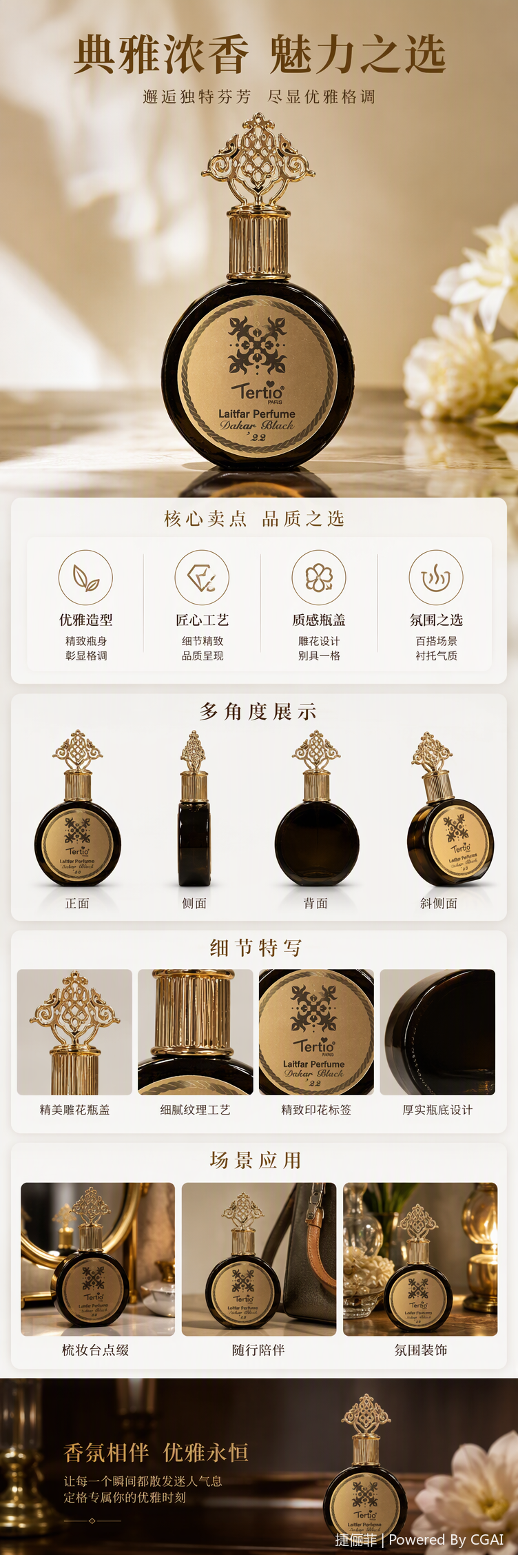 The golden carved bottle cap paired with the black round perfume bottle is an elegant and fashionable fragrance container and a fine decorative item pic 1