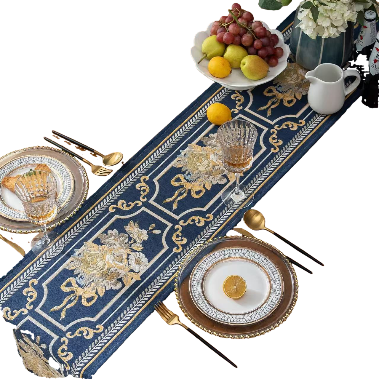 Direct sales from the table flag manufacturer: Deep blue gold thread embroidered floral pattern table flag, table fabric tea flag, Christmas tassel decoration, park chair, 113405022 Item Picture