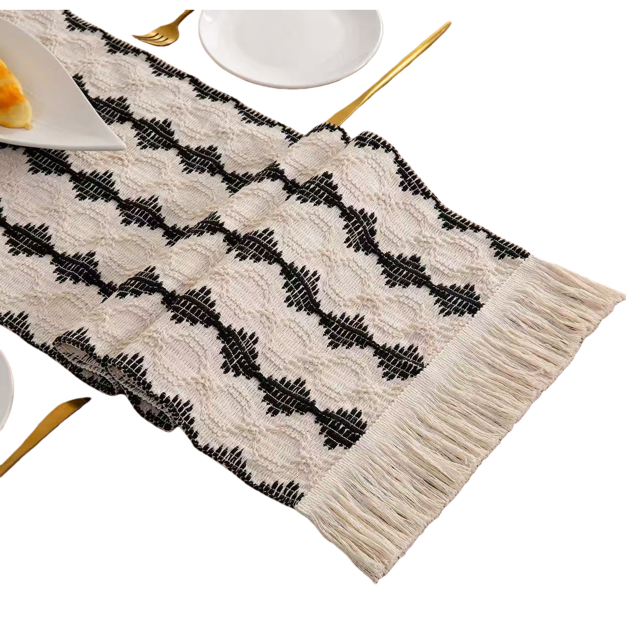 Blanco y negro geométrico tassel bandera de té bandera de tela silla de parque decoración de navidad tassel tapetes de mesa bandera de mesa venta directa de fábrica Item Picture