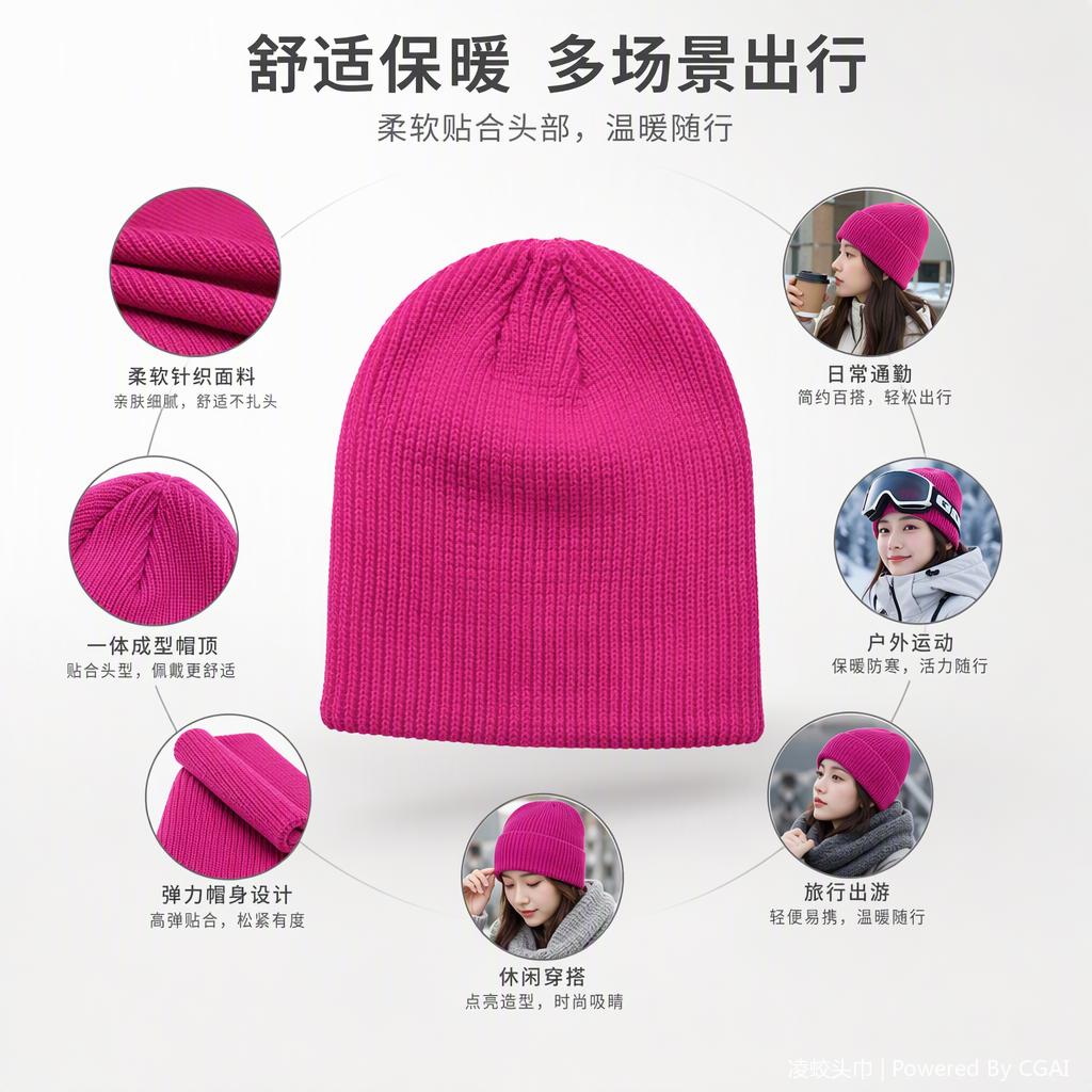 This fashionable and heartwarming bright pink knitted hat is warm and versatile. It's a simple and trendy winter casual women's hat