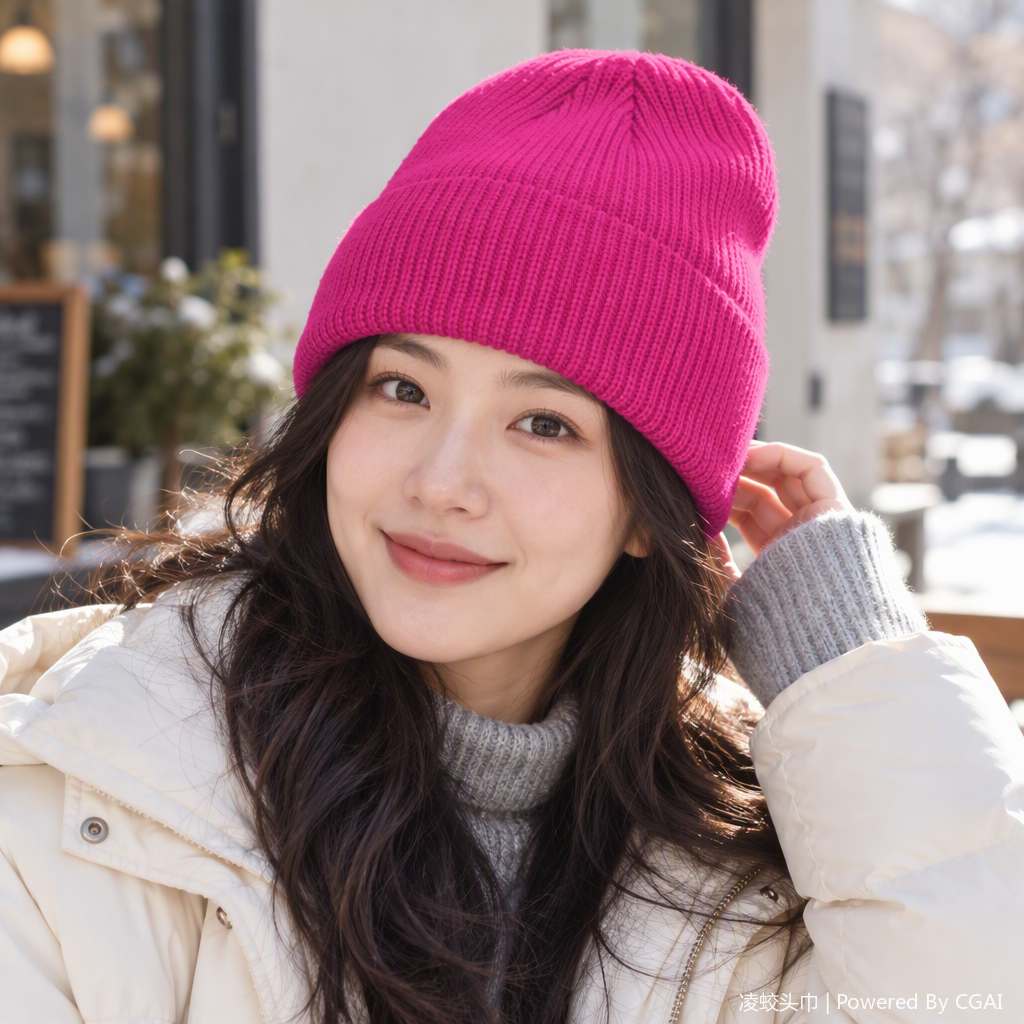 This fashionable and heartwarming bright pink knitted hat is warm and versatile. It's a simple and trendy winter casual women's hat details Picture
