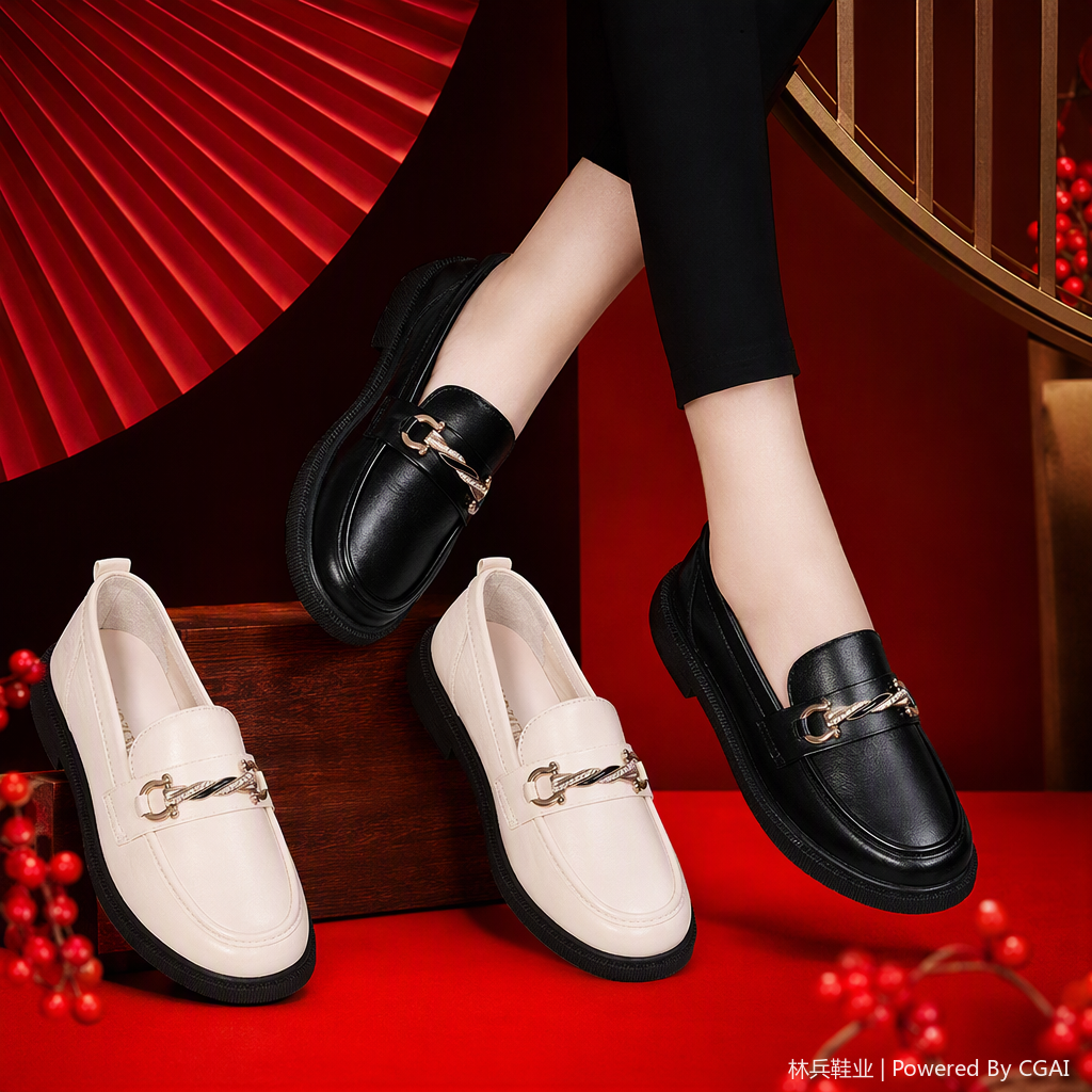 Fashionable black and white patchwork loafers, women's casual shoes, versatile and comfortable outfit display Specification image