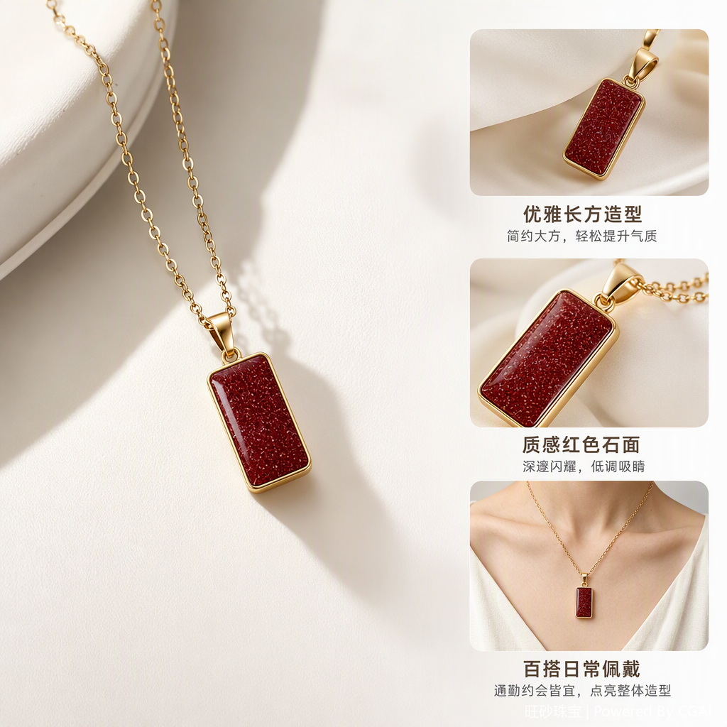 时尚金色链条朱砂矩形吊坠项链简约百搭女款潮流饰品项链朱砂无事牌项链