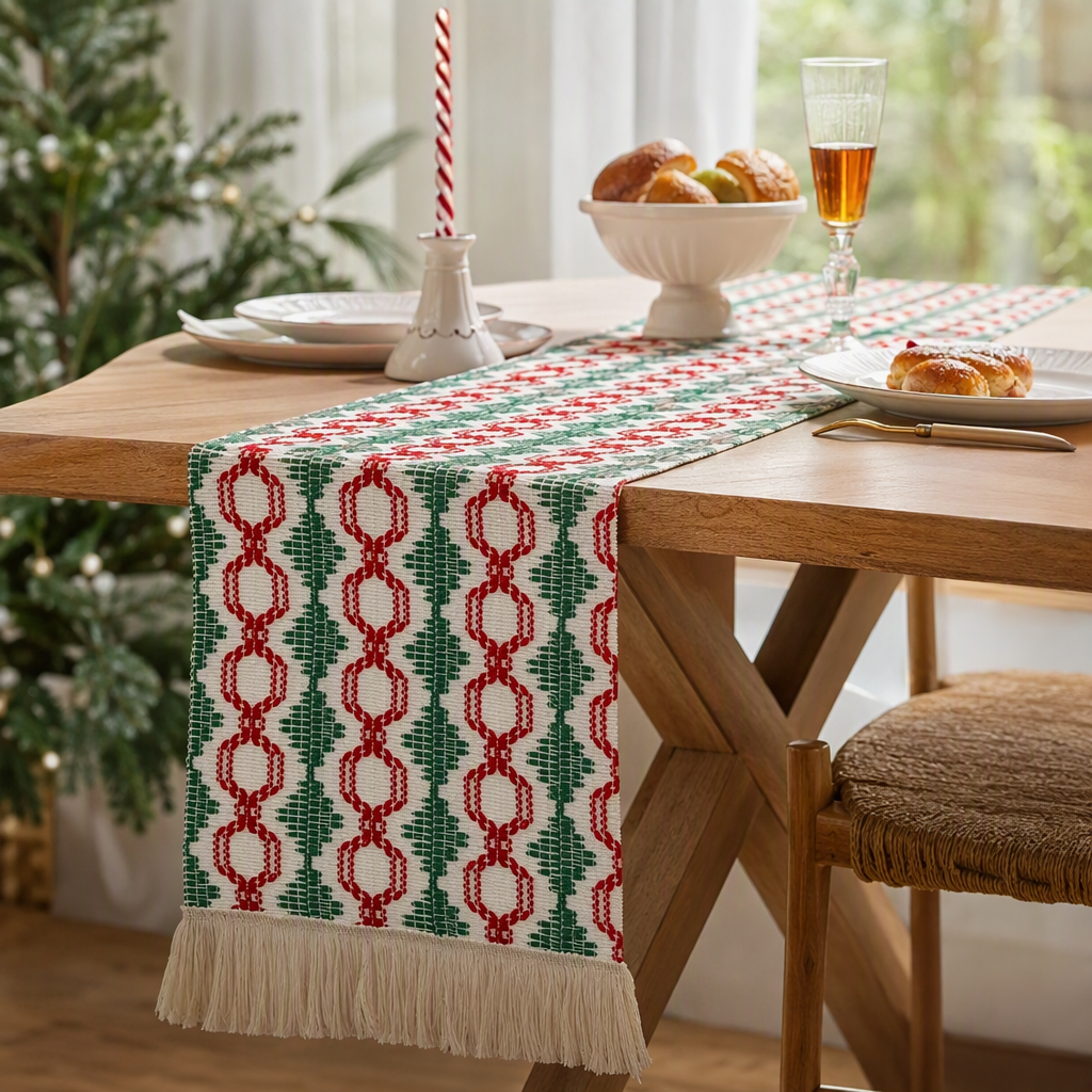 Bandera de mesa venta directa de fábrica alfombrilla de mesa de navidad decoración de borla bandera de té tela de parque silla de una pieza mantel artículos de mesa para el hogar de vacaciones pic 2