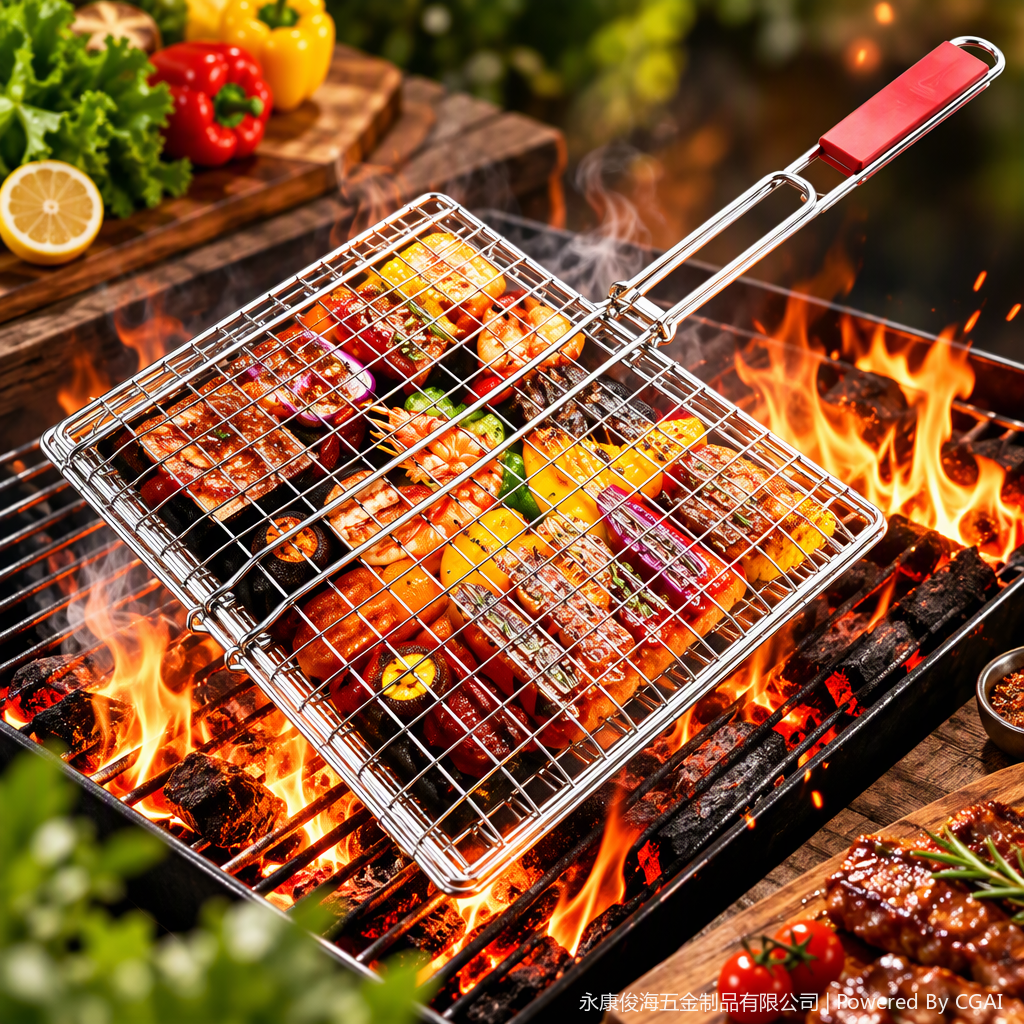 Multi-functional portable barbecue grill, barbecue utensils, stainless steel barbecue mesh, outdoor skewer grilling wonder, essential for family picnics Application Scenario