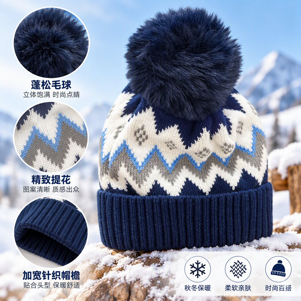 This fashionable geometric patterned knitted hat is decorated with plush balls, making it warm and versatile. It is suitable for both men and women in winter