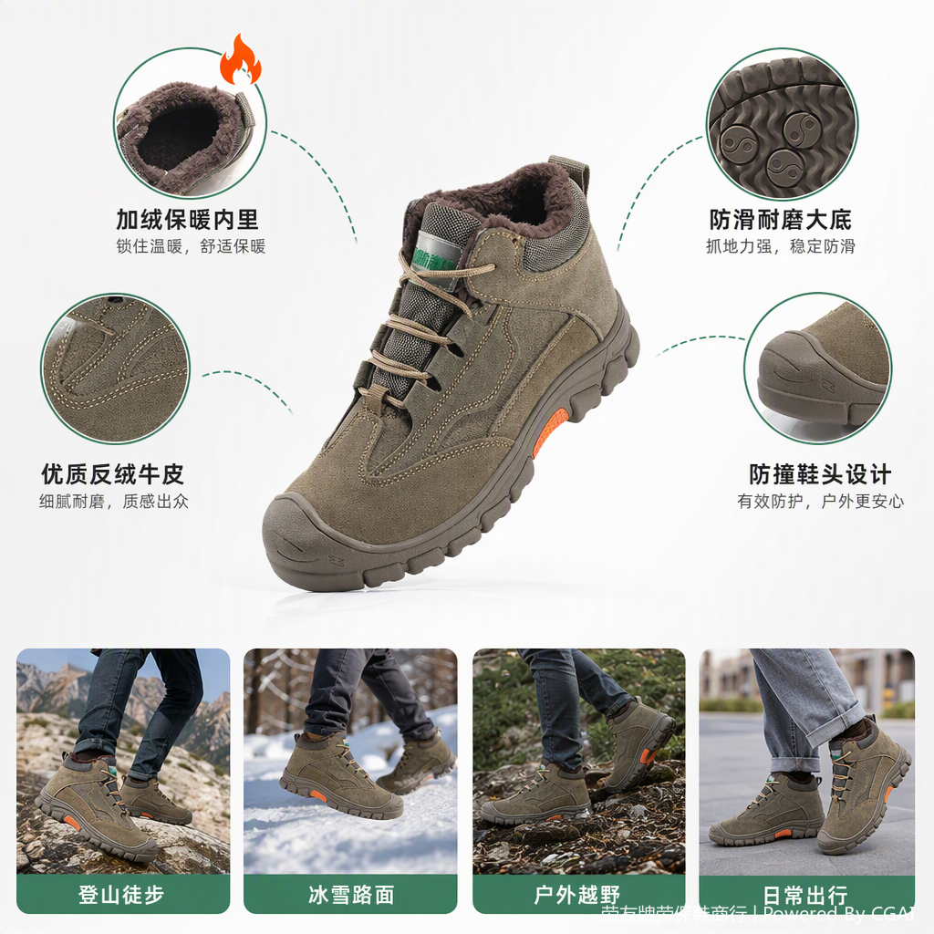 Fashionable and warm high-top work boots, brown fleece, wear-resistant and anti-slip, new autumn and winter casual men's and women's shoes, work shoes, fleece cotton shoes, liberation shoes for men full image