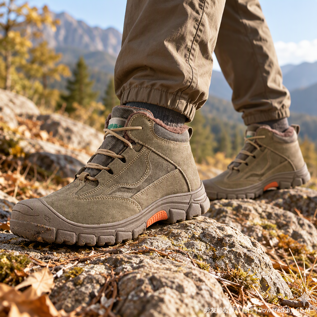 Fashionable and warm high-top work boots, brown fleece, wear-resistant and anti-slip, new autumn and winter casual men's and women's shoes, work shoes, fleece cotton shoes, liberation shoes for men details Picture