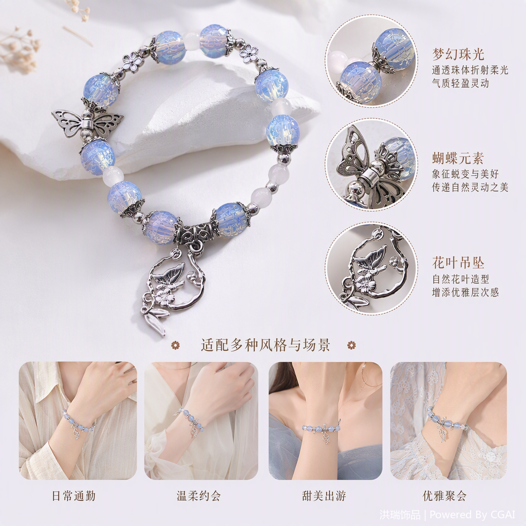 A simple and trendy Korean-style jewelry gift featuring a fashionable blue beaded bracelet paired with a silver butterfly pendant full image