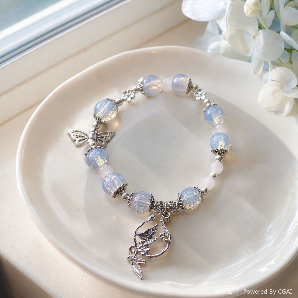 A simple and trendy Korean-style jewelry gift featuring a fashionable blue beaded bracelet paired with a silver butterfly pendant details Picture