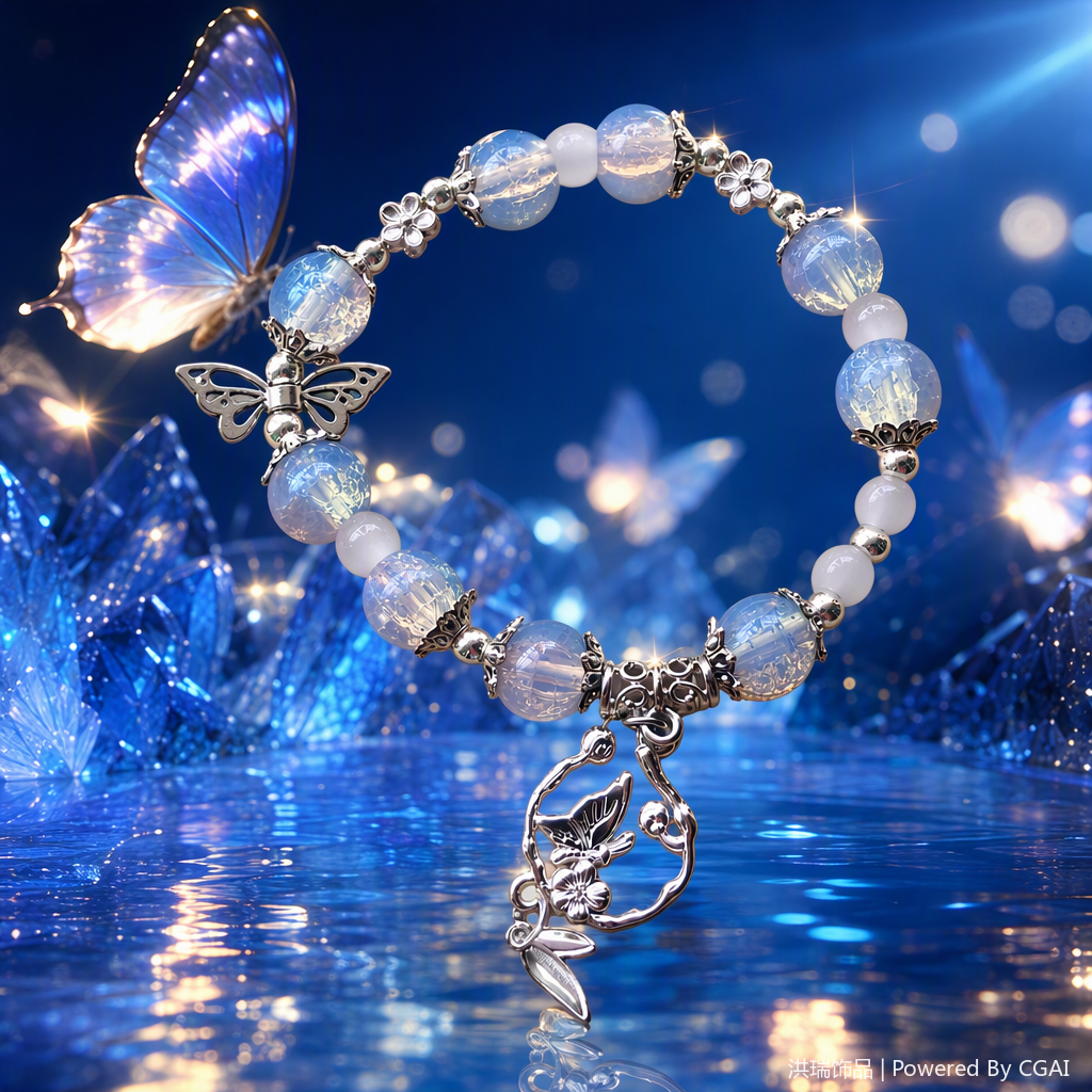 A simple and trendy Korean-style jewelry gift featuring a fashionable blue beaded bracelet paired with a silver butterfly pendant Specification image