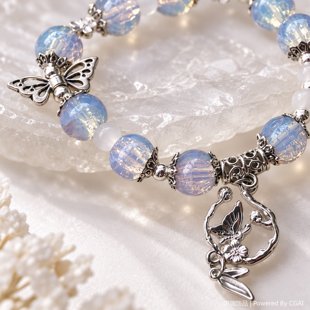 A simple and trendy Korean-style jewelry gift featuring a fashionable blue beaded bracelet paired with a silver butterfly pendant Application Scenario