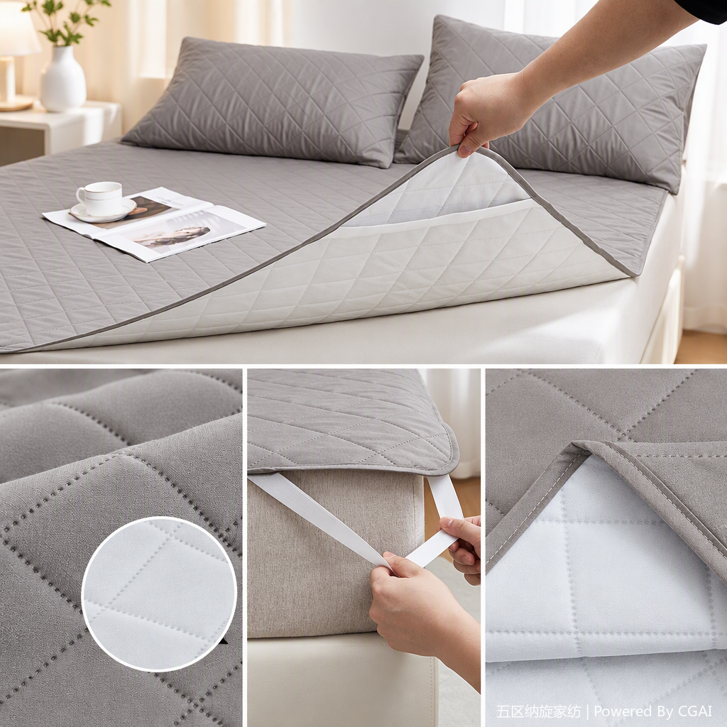 Grey quilted thick bed cover, mattress protection cover, anti-slip and durable bedding, bedspread, bed sheet, mattress cover