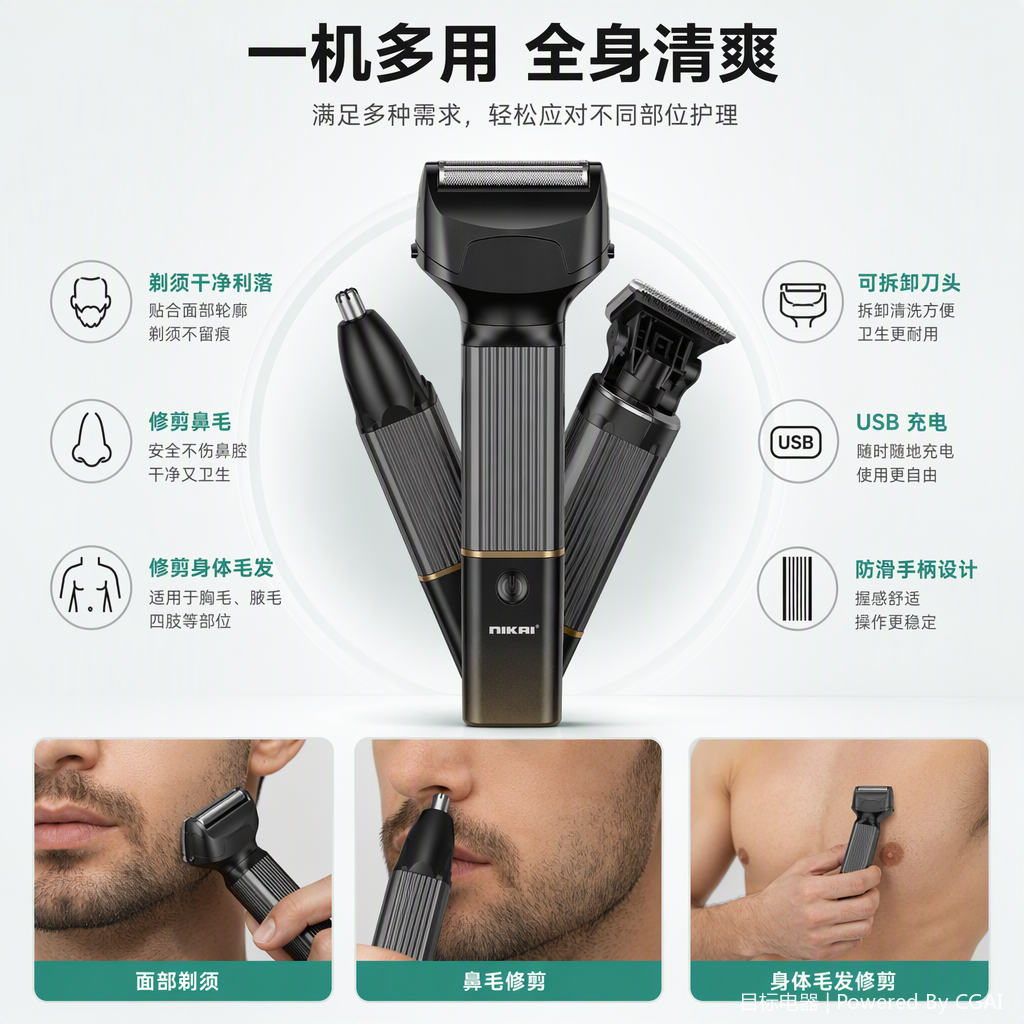 Men's multi-functional grooming set with black and gold gradient body, portable and complete set of care tools for shaving, trimming, nose hair contouring full image