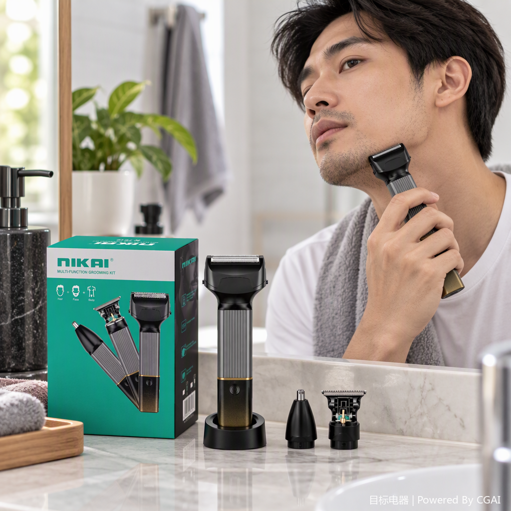 Men's multi-functional grooming set with black and gold gradient body, portable and complete set of care tools for shaving, trimming, nose hair contouring details Picture