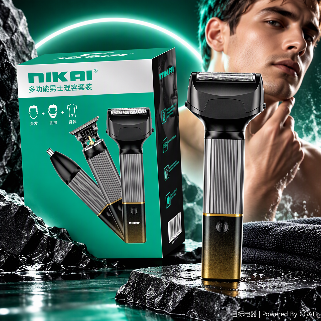 Men's multi-functional grooming set with black and gold gradient body, portable and complete set of care tools for shaving, trimming, nose hair contouring Specification image