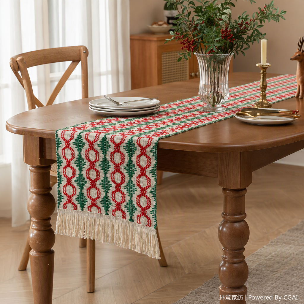Bandera de mesa venta directa de fábrica alfombrilla de mesa de navidad decoración de borla bandera de té tela de parque silla de una pieza mantel artículos de mesa para el hogar de vacaciones details Picture